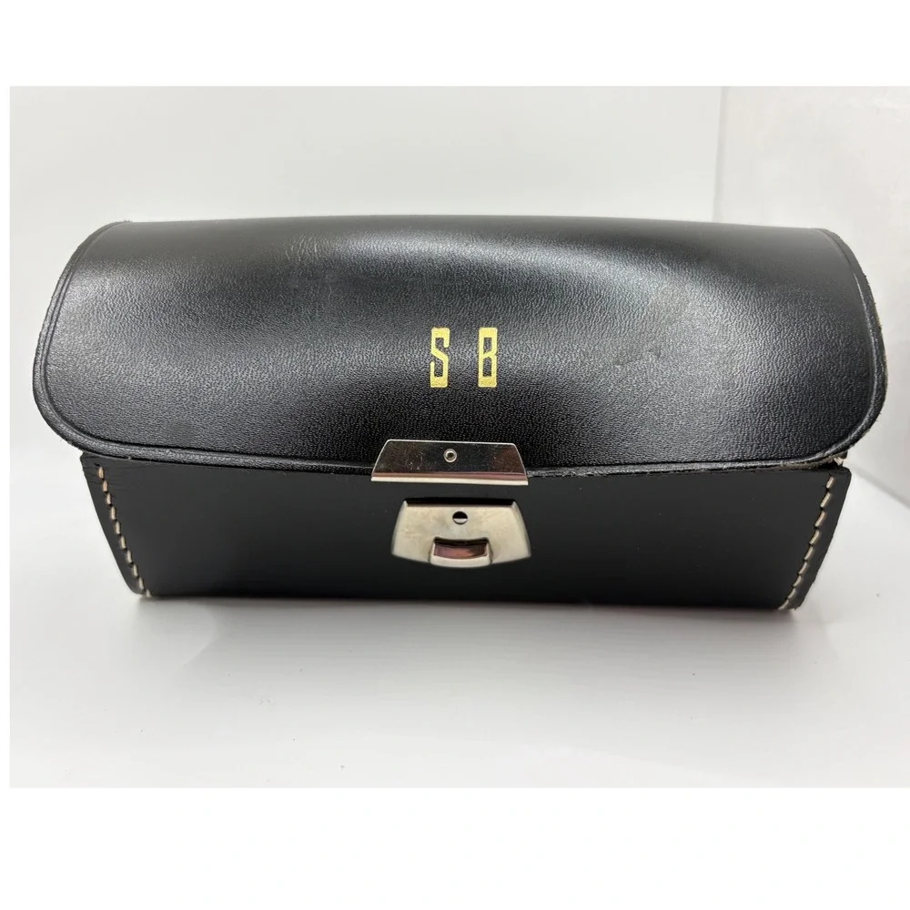 VTG Black Top Grain Cowhide Leather Eyeglass Case Made in England Monogram